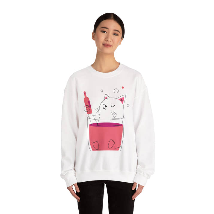 Cat in Wine Glass Crewneck Sweatshirt - Cute & Cozy
